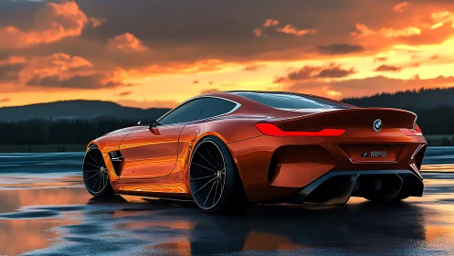Orange BMW sports coupe stands on wet asphalt at sunset