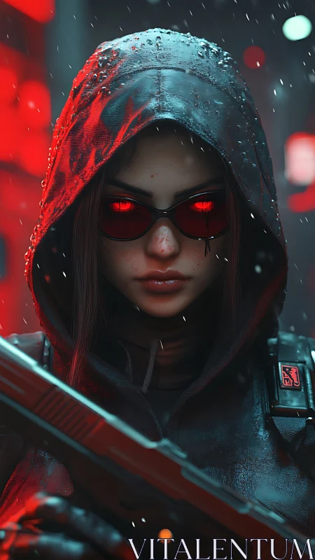 Shadowed cyber hunter with glowing red gaze in rain-soaked alley.