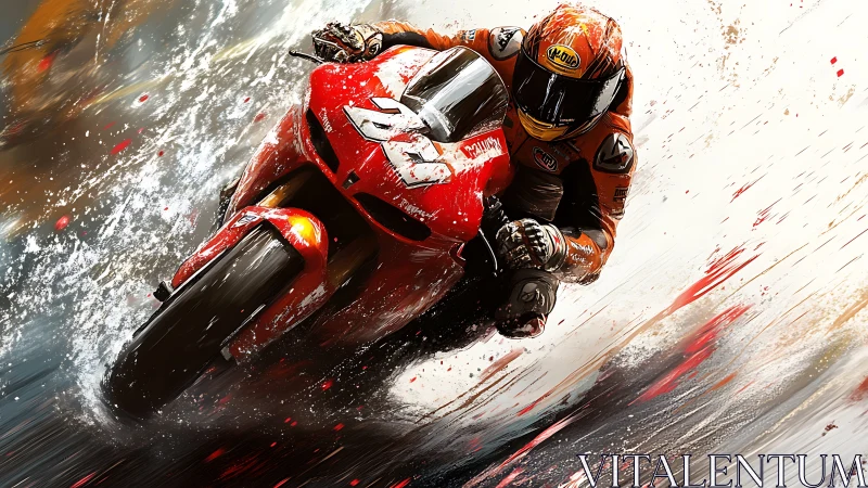 Motorcycle racer carves wet track in explosive motion blur.