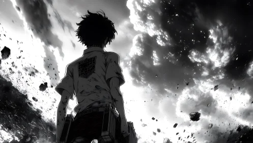 Solitary anime soldier under stormy, debris filled sky.