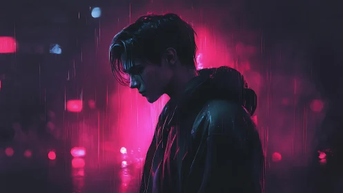 Neon rain silhouette of a quiet night wanderer alone.