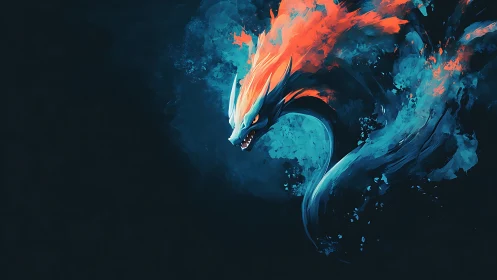 Fiery blue dragon serpent painted on dark abstract void.