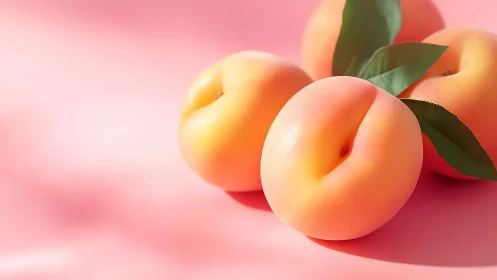 Ripe peaches rest on glossy pink surface under soft light.