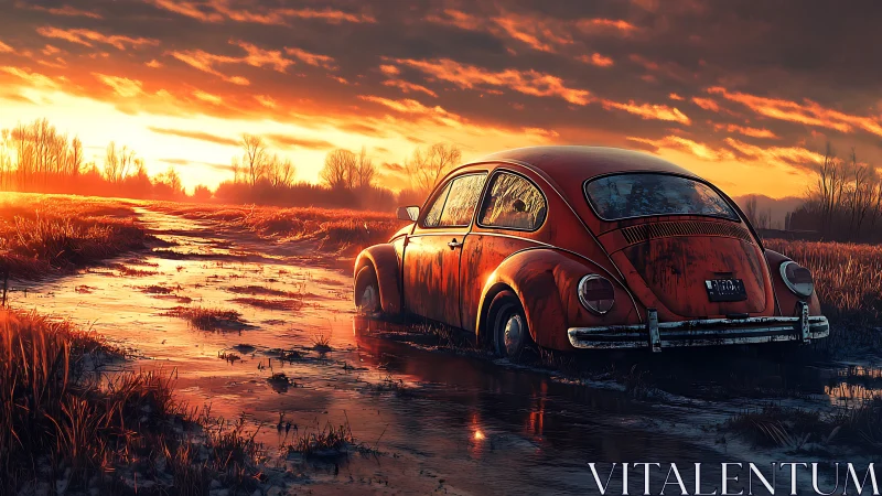 Rusting compact car sits in flooded rural track at sunset