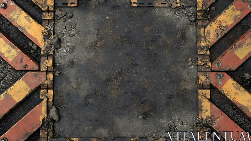 Industrial hazard plate with corroded chevron frame detail.