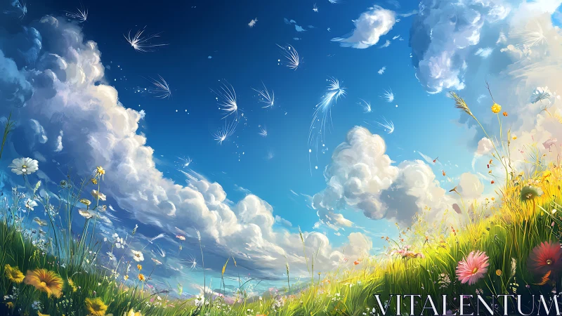 Curved wildflower meadow arcs beneath expansive cumulus sky