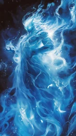 Ethereal blue spirit rises in swirling astral flames