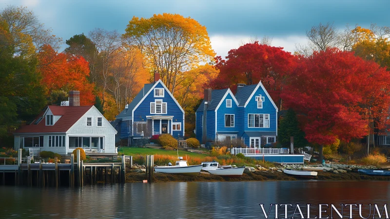 Lakeside cottages stand before vivid autumn foliage and boats