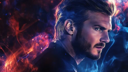 Intense male portrait set in contrasting fire and smoke.