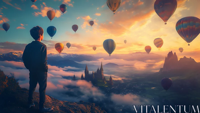 Atmospheric fantasy vista with balloons above misted citadel.