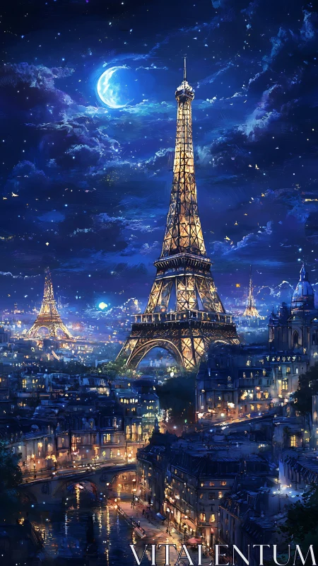 Moonlit Eiffel Tower rises over luminous Paris skyline.