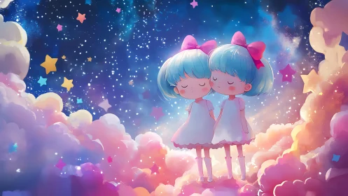 Twin girls in pastel clouds under starry night sky.