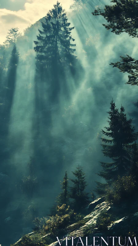 Ethereal Forest Landscape: Volumetric Light Through Mist.