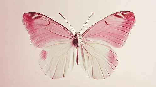 Pink and white butterfly spreads delicate wings in stillness.