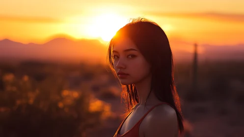 Woman stands in sunset desert landscape with warm backlight