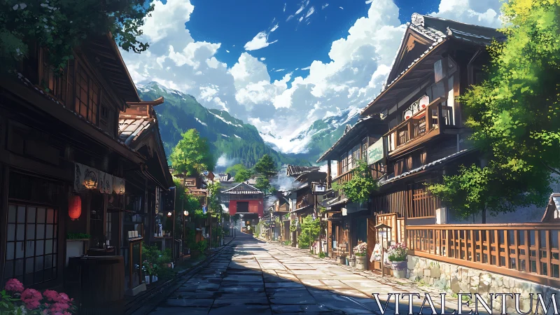 Street in traditional mountain town is rendered in sunlight