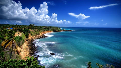Turquoise tropical coastline curves beneath bright summer sky.