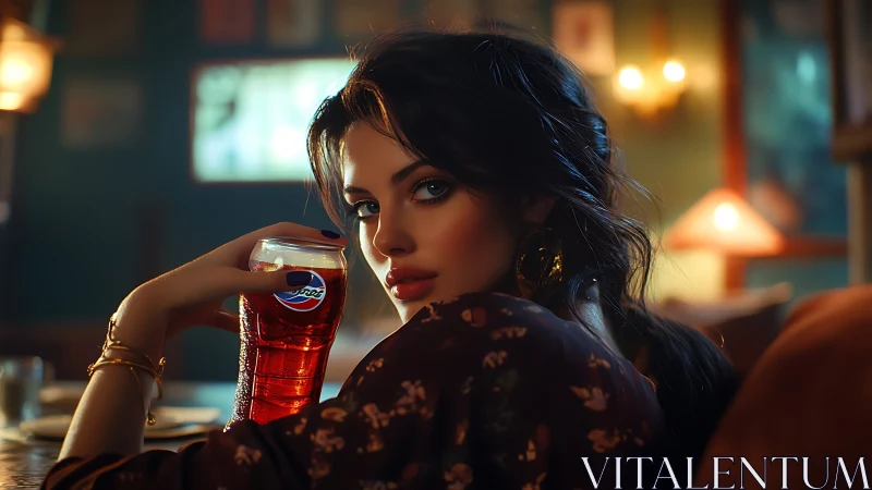 Cinematic bokeh portrait in bar interior with cola glass