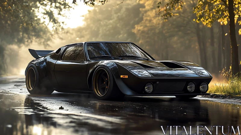 Midnight supercar prowls a misty forest road after rain