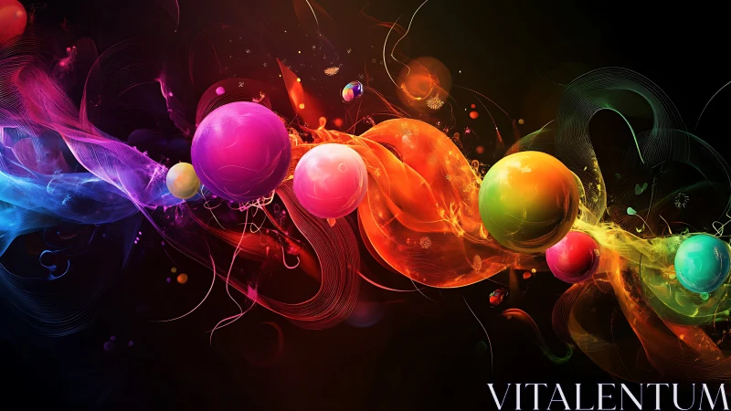 Luminescent chromatic spheres stream across a dark digital void