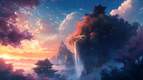 Sunlit cliffside temples and waterfall rendered in epic digital art