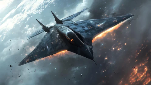 Futuristic stealth aircraft flies above clouds and burning debris