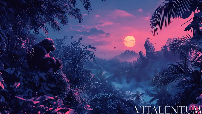 Primate at Moon Rise in Mystical Jungle Landscape.