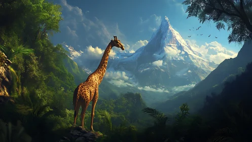 Giraffe overlooking misty alpine peak in lush rainforest.