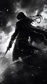 Stormlit shadow knight poised on the ragged horizon.