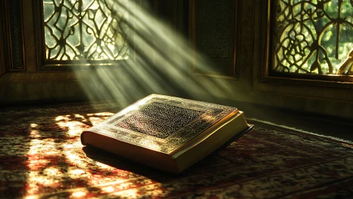 Illuminated Quran rests in mosque window’s golden light.