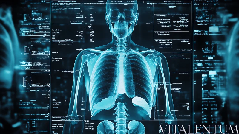 Digital medical X-ray skeleton with data overlays in cyan tones