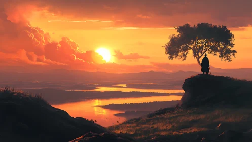 Solitary cloaked figure on cliff above lake at sunset.