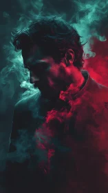 Solitary male silhouette immersed in cyan and red smoke