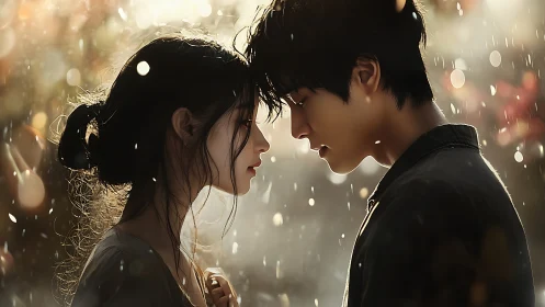 Two silhouettes face each other in rain, bathed in golden bokeh light.