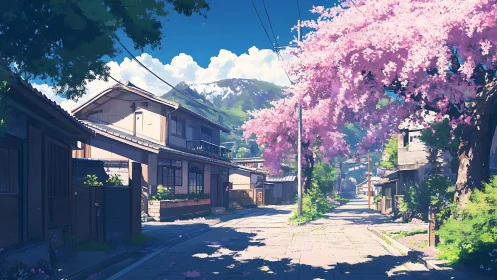 Quiet Japanese street under blooming cherry blossoms at noon