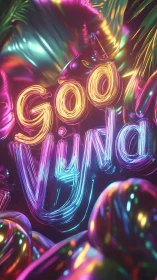 Neon volumetric “Good Vibes” typography in reflective foil scene.