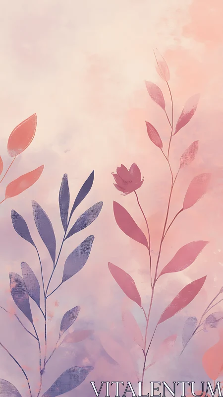Pastel botanical vertical with ethereal leaf silhouettes.