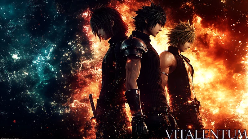 Triple warrior lineup against cosmic fire and nebula glow.