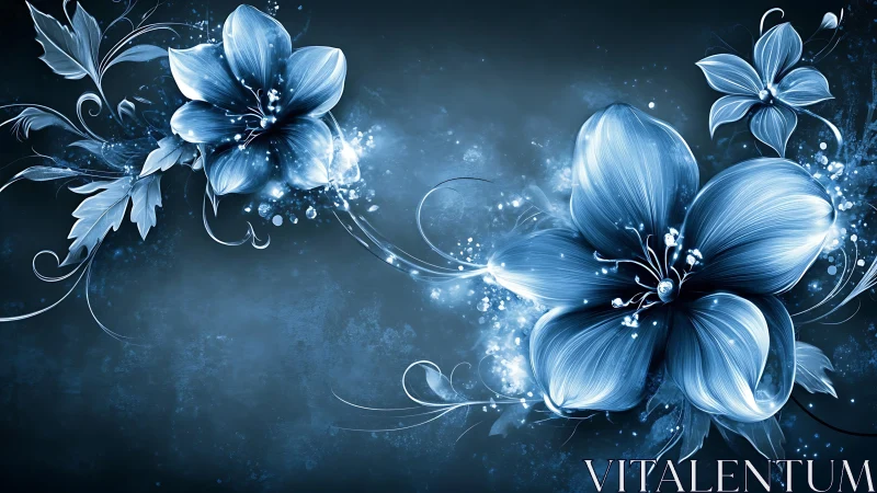 Digital rendering of blue luminescent flowers with particle effects on teal background