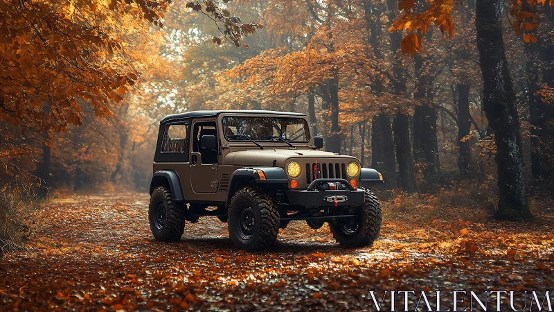 Autumn trail Jeep pauses beneath a glowing rustleaf canopy.