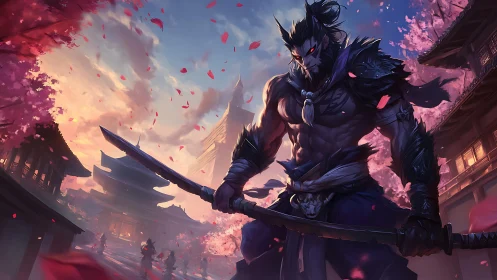 Demonic samurai warrior dominates cherry blossom battlefield scene