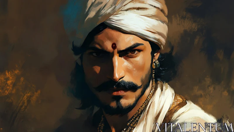 Regal turbaned warrior glares with intense, shadowed focus.