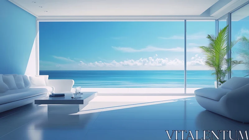 Sunlit oceanfront living room opens onto calm blue sea