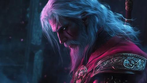 Silver-haired warrior in neon rim light with ornate armor.