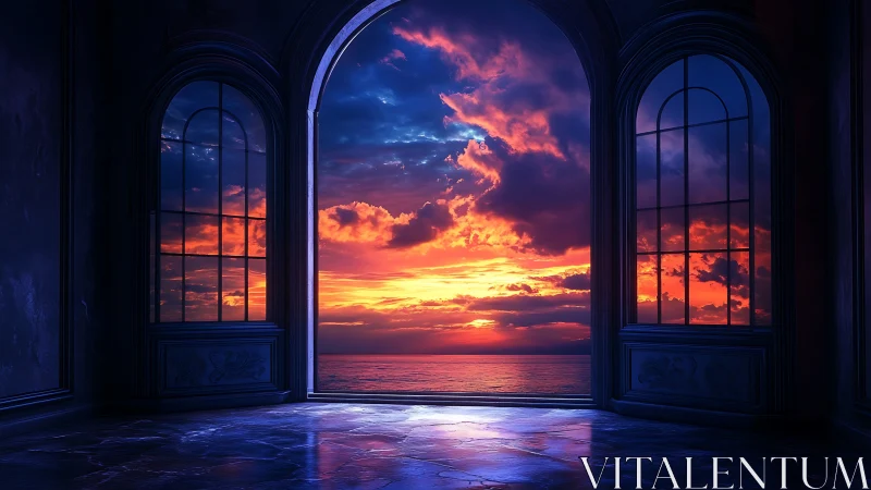 Sunset doorway where quiet waves meet glowing clouds.