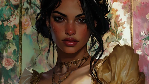 Digital portrait of woman in gold dress before florals.