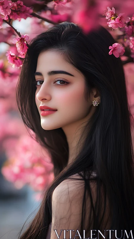 Portrait of serene dark-haired woman in pink blossoms.