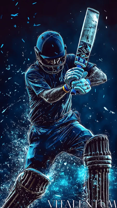 Dynamic blue-toned cricket batsman in mid-swing, motion burst