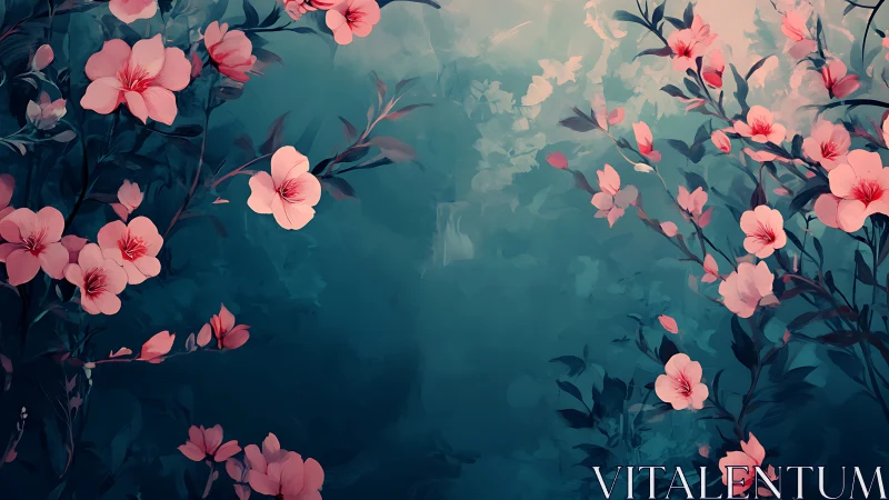 Pink Blossoms Drift Through Misty Teal Garden.