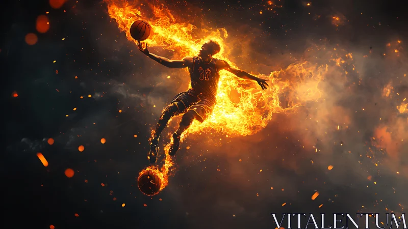 Flaming basketball dunker soaring through blazing night sky.